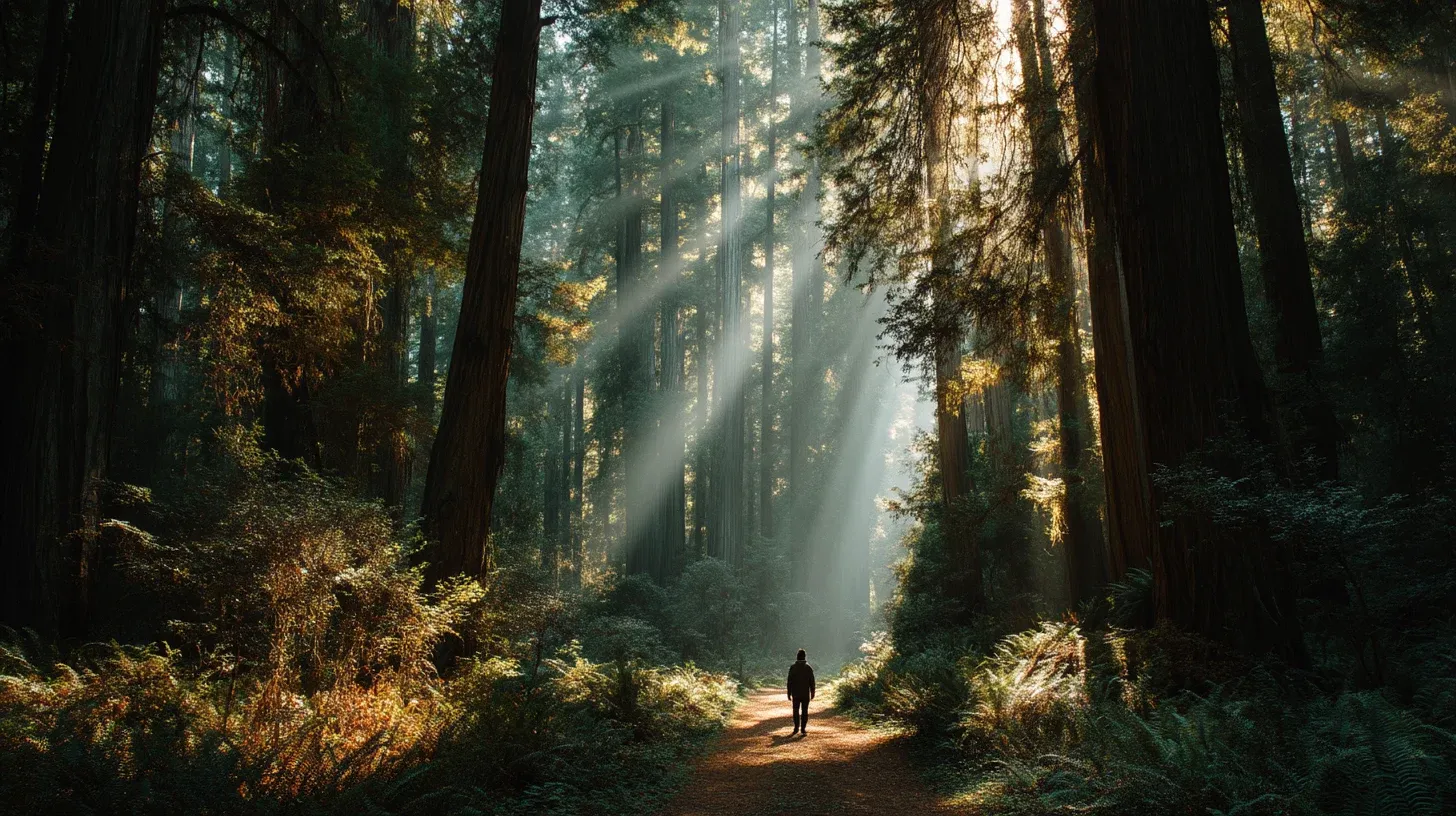 Un bosco di alberi altissimi attraversato da lame di luce, con una figura sul sentiero